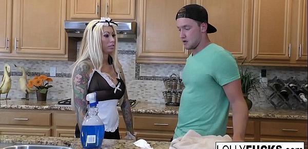  Blonde maid Lolly receives a creampie in the kitchen